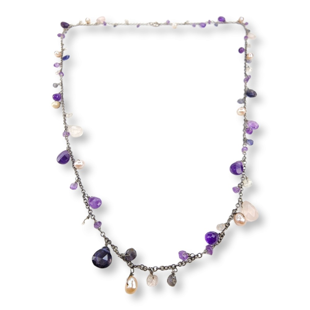 Sterling Silver‎ 925 Necklace Faceted Amethyst Clear Quartz Pearl Beaded Dangle